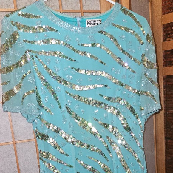 Turquoise fully beaded/sequined dress Kathryn Conover by night size 10 - Picture 1 of 7
